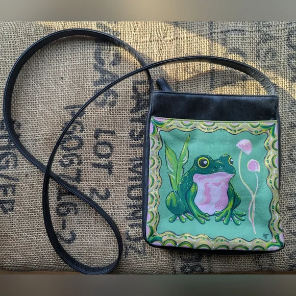 Frog Mushroom Black Leather Crossbody Bag - Picture 1 of 3